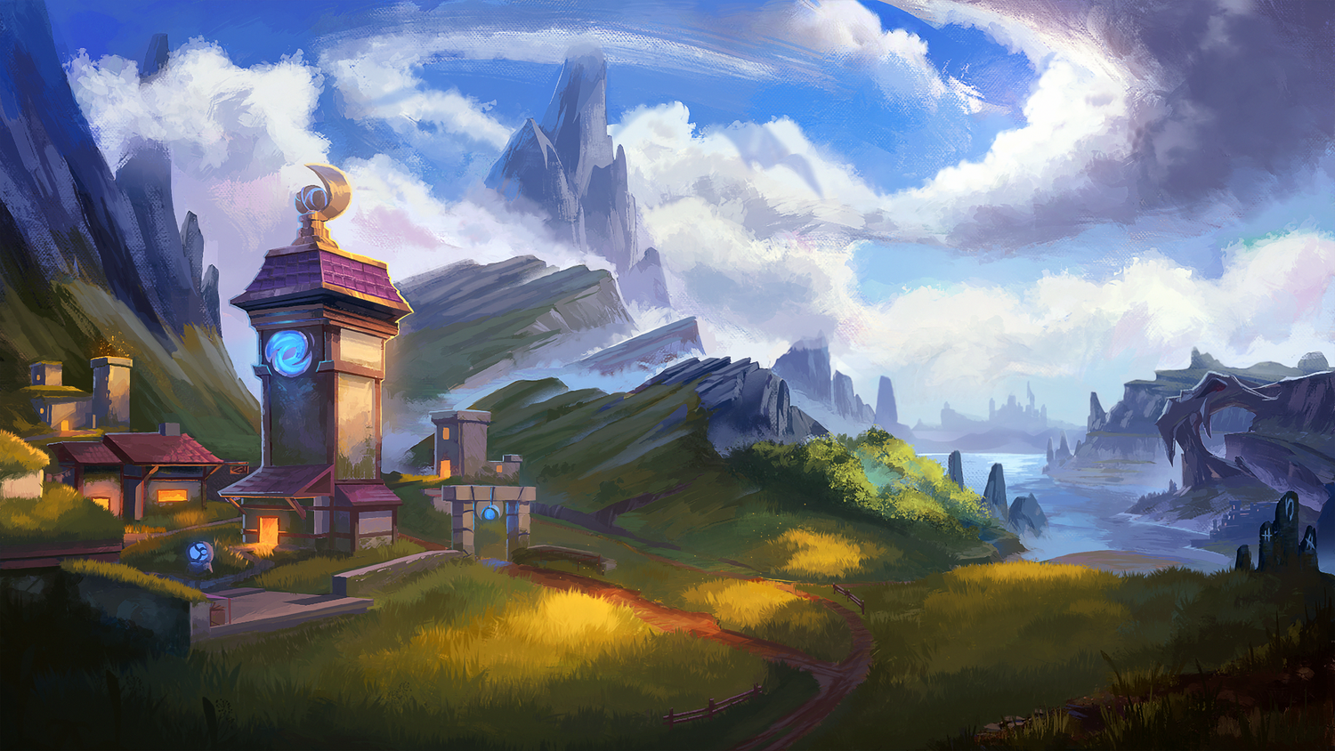 Stony mountains flanked by sunlit grass surround a fantasy village. The Lunar Tower stands to the left of the image like a clocktower. To the right are some stones with glowing runes in front of a distant cliff sized skull and lake.